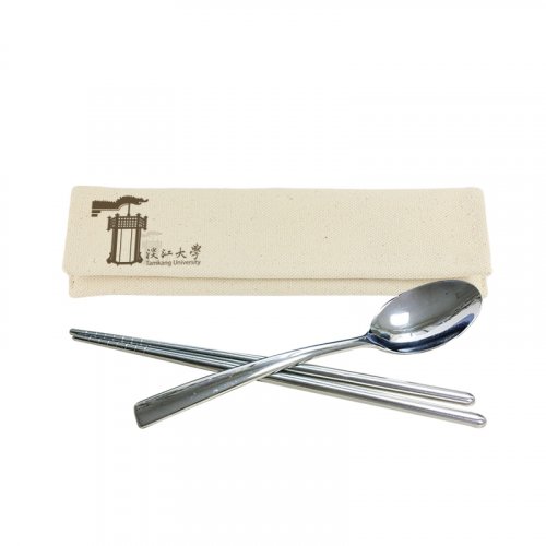 【團購商品，10個起做】TKU校徽環保餐具二入組_米白/藍(可混色)
